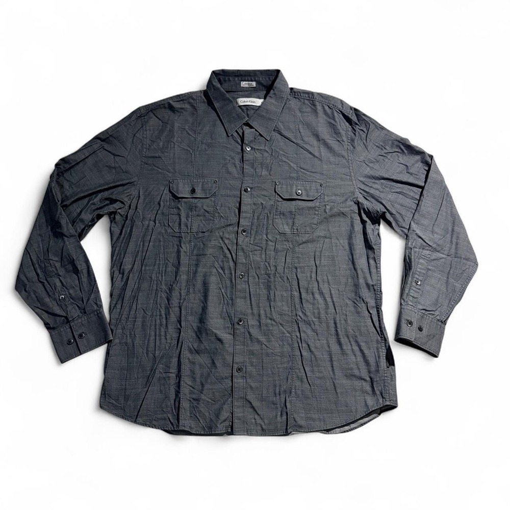 Calvin Klein Mens Gray Cotton Button Up Long Sleeve Shirt XL